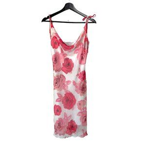 Vintage 90s Pink Floral Spaghetti Tie Strap Drape Neck Midi Dress Large